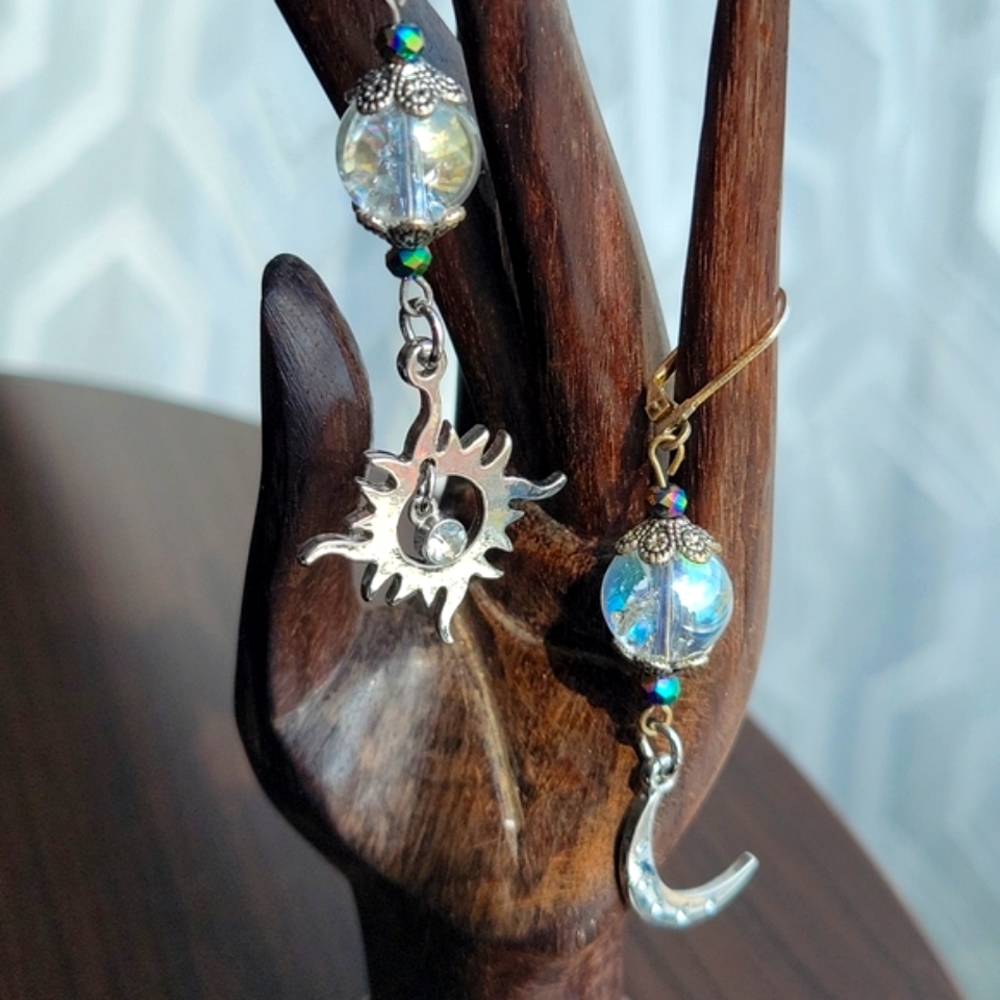 Iridescent Celestial Sun & Crescent Moon Earrings